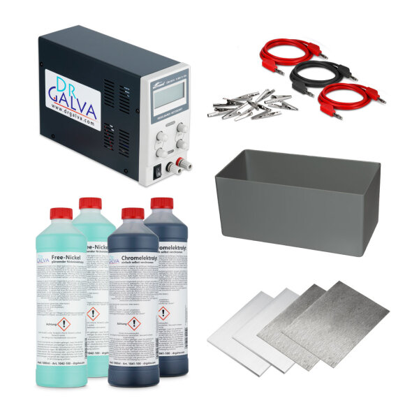 Set Cromo + Nichel - set completo per cromatura a bagno galvanico con alimentatore 10A + 2x2l elettroliti