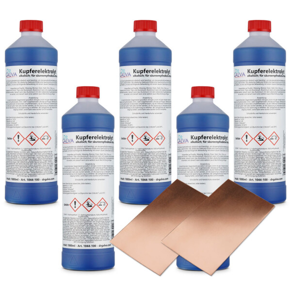 Elettrolita di rame alcalino 5000ml con 2x anodo piatto 100 x 60 x 0,6mm